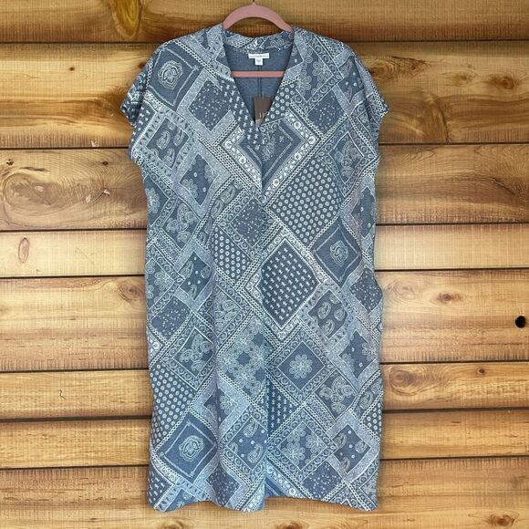 J‎ Jill Dress Large Shift Short Sleeve V-Neck Paisley Bandana Patchwork Blue NEW - Picture 1 of 7